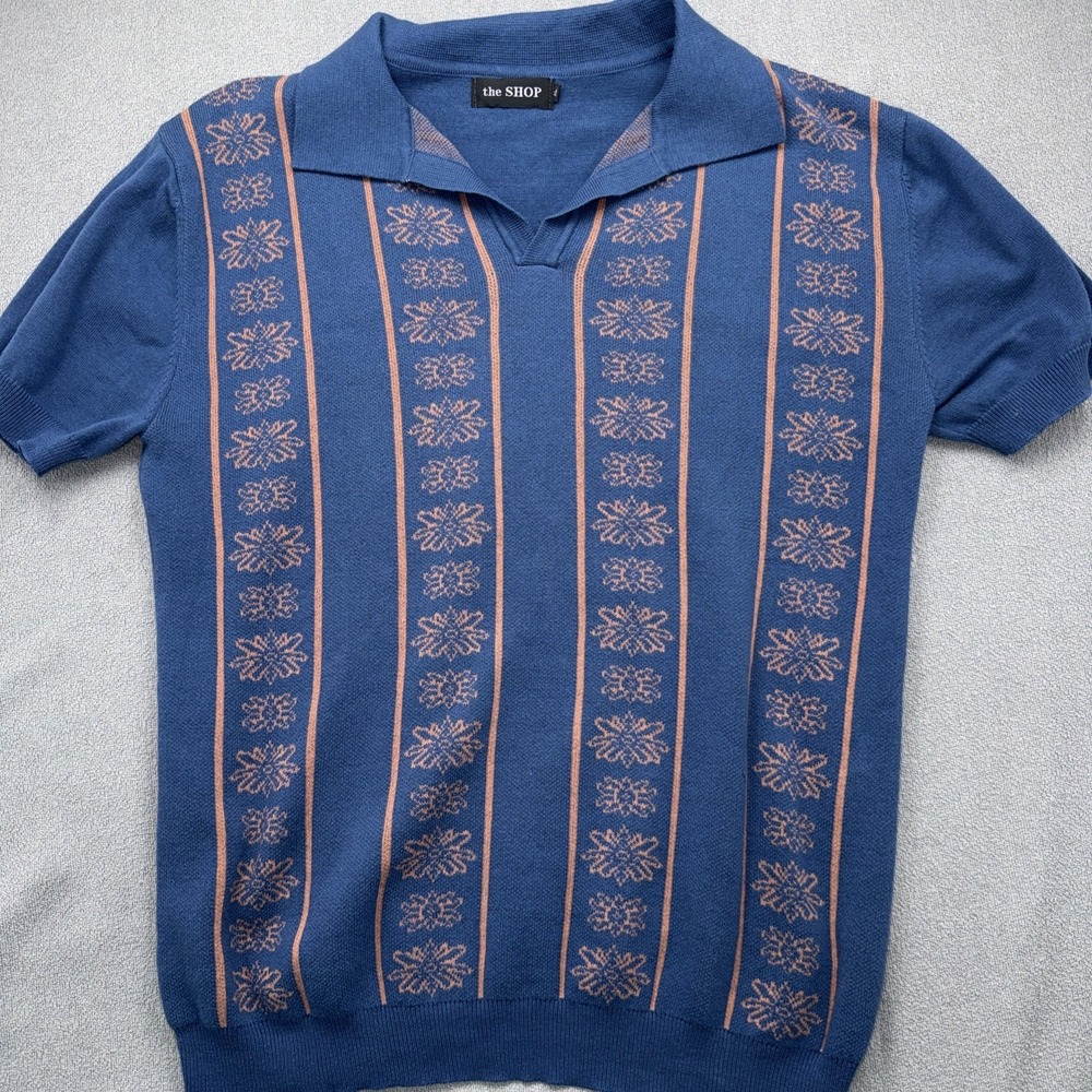 The Shop XL Retro Knit Polo Shirt Blue Peach Stripe 100% Cotton Sweater Polo